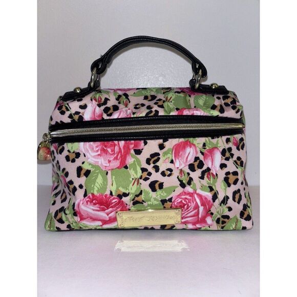 Betsey Johnson Floral Cosmetic Bag Makeup Cheetah Roses Leopard - Picture 1 of 8